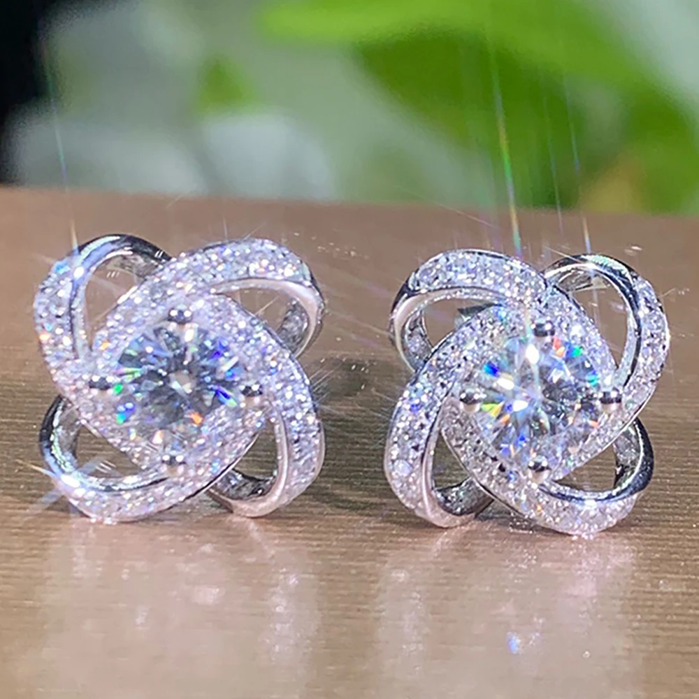 

Custom Solid 14K White Gold Stud Earrings Women 1 2 3 Carat Round Moissanite Diamond Wedding Engagement Party Clover Fireworks