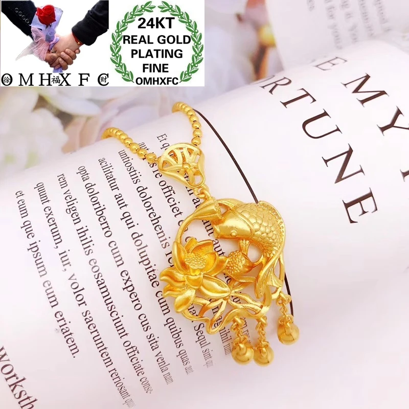 

OMHXFC Jewelry Wholesale YM322 European Fashion Fine Woman Girl Party Birthday Wedding Gift Carp Lotus 24KT Gold Pendant Charm