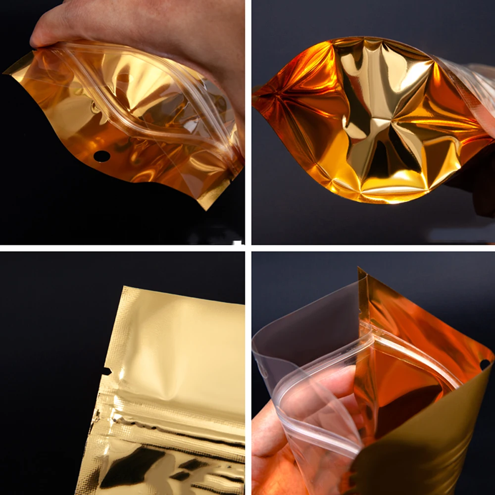100Pcs Gold Aluminum Foil Clear Bag Zip Lock with Hang Hole Stand Up Tear Notch Reusable Food Nut Candy Packaging Pouches