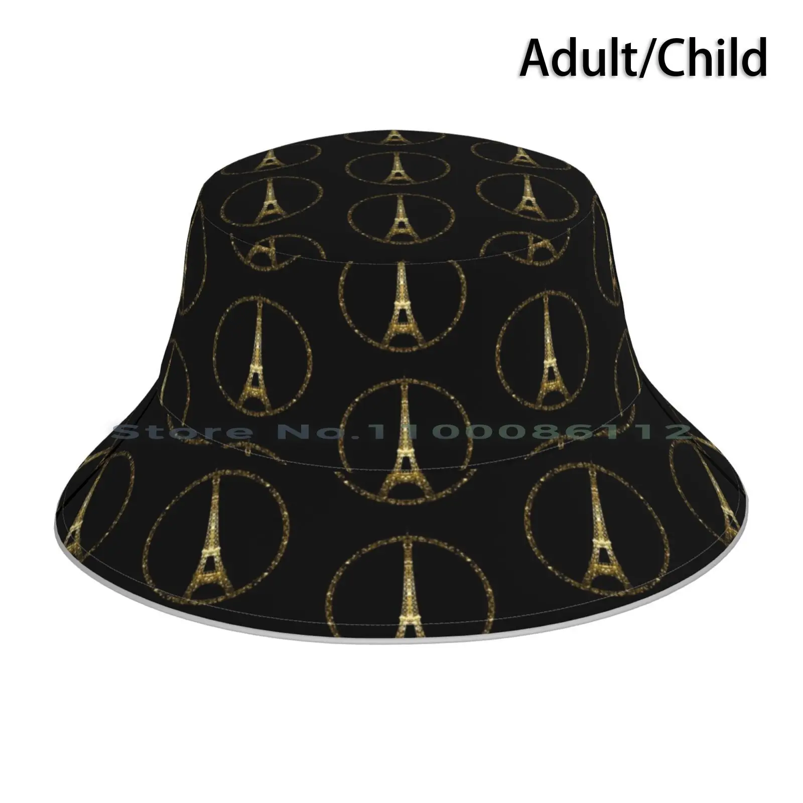 Paris Eiffel Tower Gold Sparkles Peace Symbol On Black Bucket Hat Sun Cap Glimmer Beautiful Yellow Gold Gold Sparkles Gold