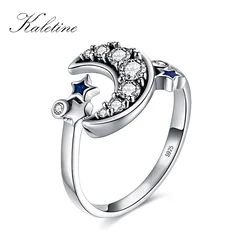 Kaletine 925 Sterling Silver Adjustable Ring Crescent Moon Blue Star Open Finger Rings for Women Wedding Engagement Jewelry Gift