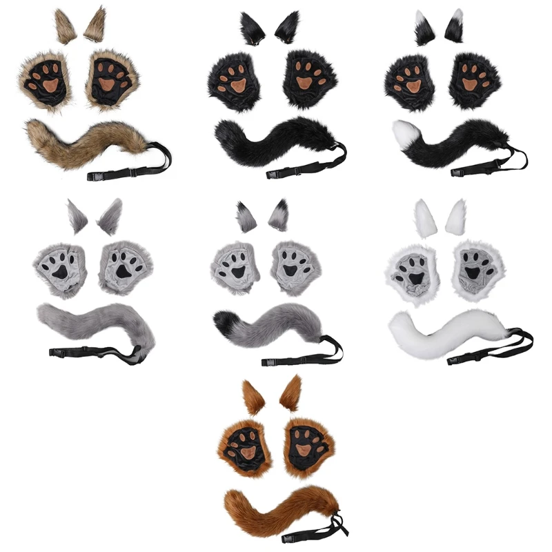 M6CD 5 Pcs Wolf Tail Glove Cat Ear Clips Fancy Party Costume Accessories Kid Adult Cosplay Kitten Tail Foxes Ears Headpiece