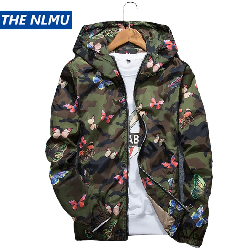 Mens Casual Camouflage Hooded Jacket Autumn Butterfly Print Clothes Men\'s Hooded Windbreaker Coat Male Outwear