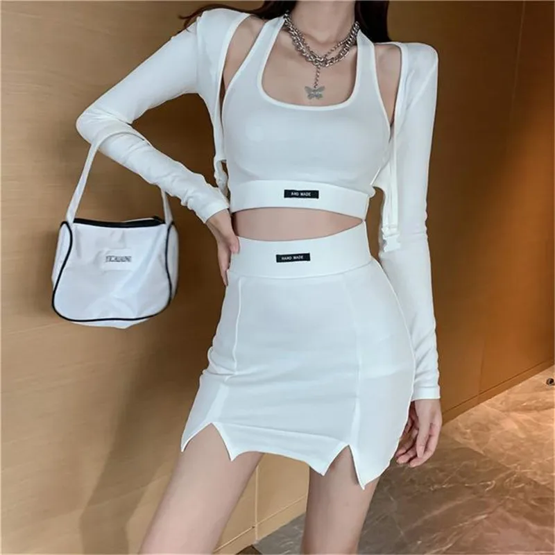 3 Pieces Sets Women Casual Sportswear 2024 New Sexy Sweet Halterneck Tank+Long Sleeve Crop Tops And Tight Slitp Mini Skirts Set