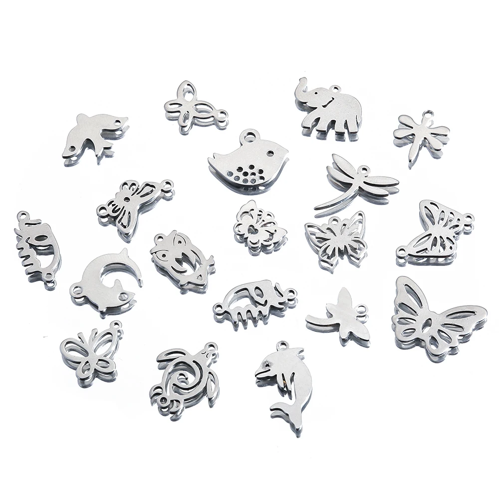 20Pcs Stainless Steel Laser Cut Cross Turtle Butterflies Elephant Bird Charms Animals Pendants For DIY Earrings Jewelry Making