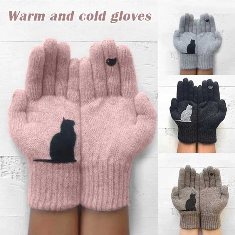 Damen Nette Katze Gedruckt Handschuhe Für Frauen Winter Warm Woolen Handschuhe Herbst Im Freien Warm Kalt Schutz Padded Handschuhe 2020