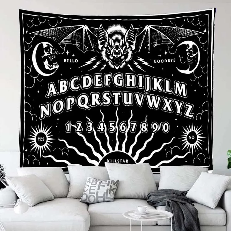 Black Ouija Tapestry Wall Hanging Bat Moon Night Sky Mandala Fabric Divination Art Vintage Gothic Home Decor Psychedelic Carpet