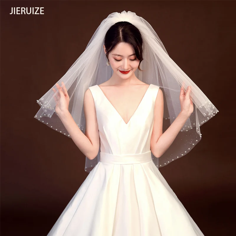 E JUE SHUNG Elegante Perlen Kurze Hochzeit Schleier Mit Kamm 2 Schichten Braut Schleier Hochzeit Zubehör Voile de mariee