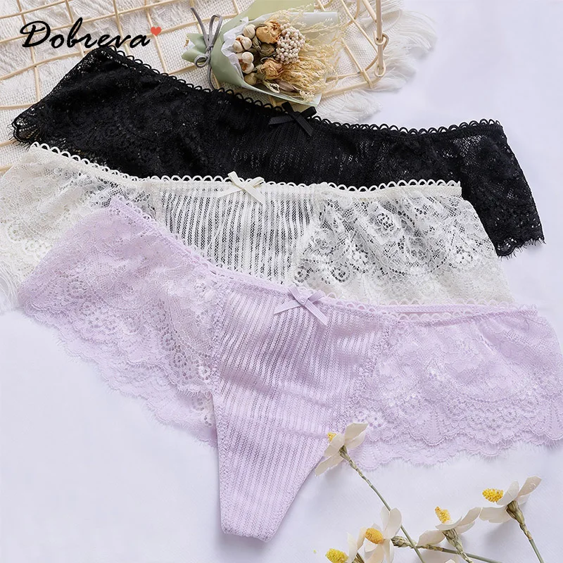 DOBREVA Women's Floral Lace Stripe Hipster Thong Panties Sexy Transparent Underwear