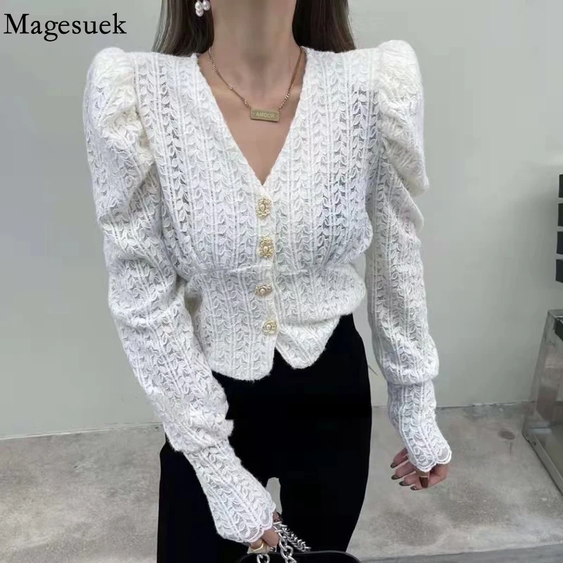 Autumn Puff Long Sleeve Sanding Hollow Shirt Korean Fashion V Neck Lace Blouse Short Tops Elegant Blouse Slim Waist Jacket 17991