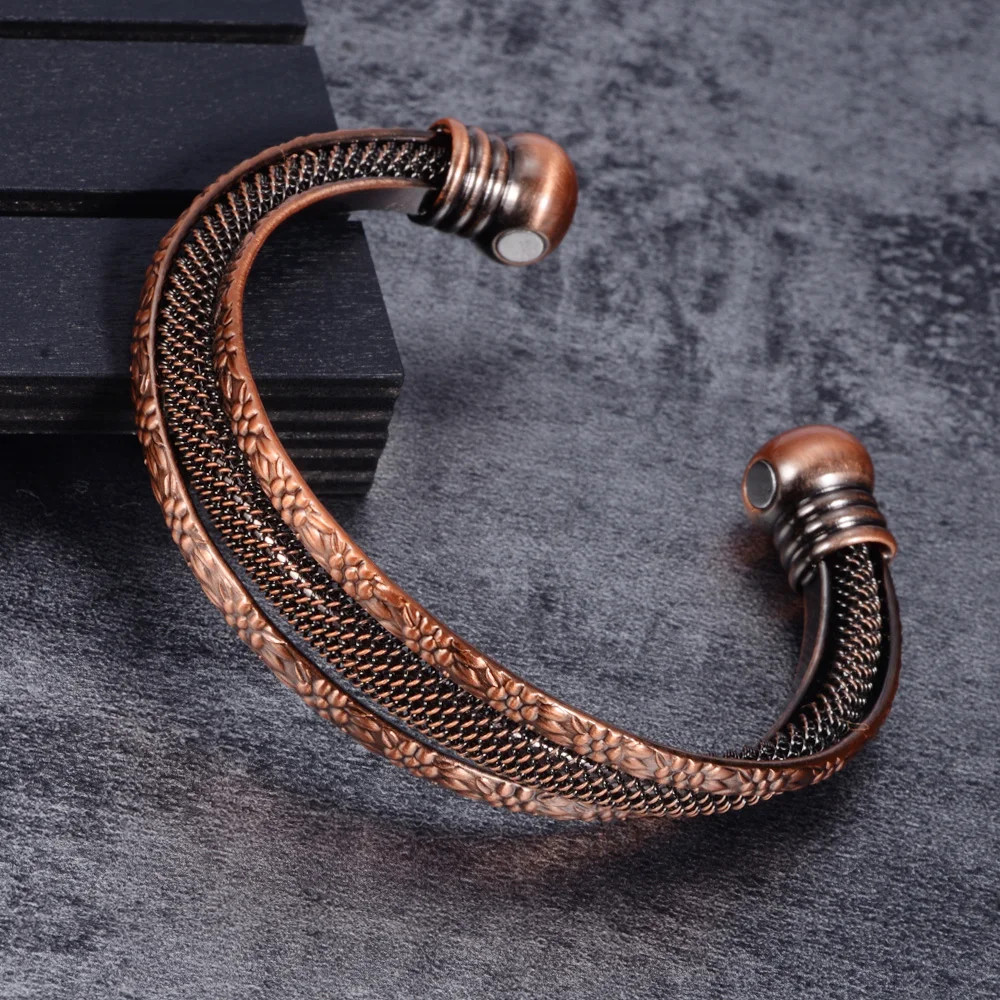 Twisted Pure Copper Bracelet Magnetic Vintage Flowers Health Energy Bangles Benefits Adjustable Open Cuff Jewelry for Men Women