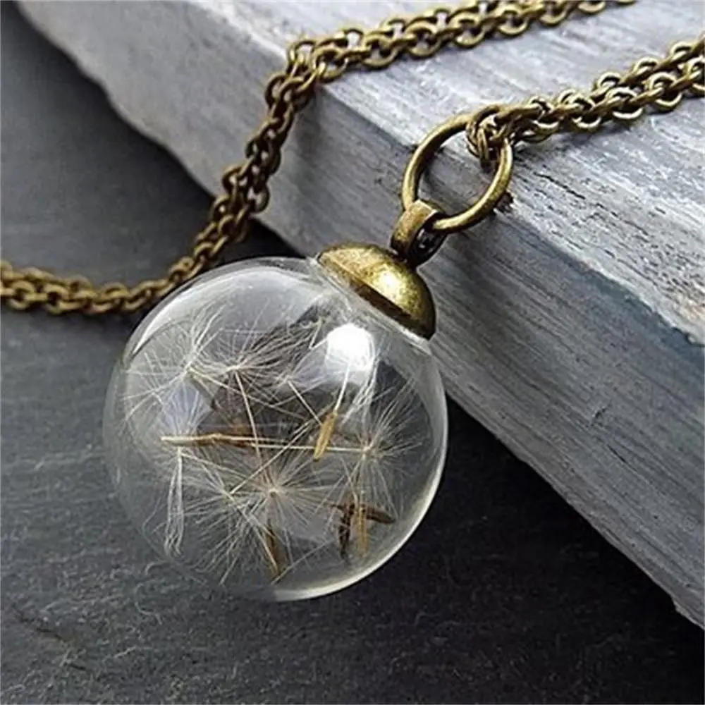 Fashion New Gift For Her Handmade Dandelion Dandelion Wishing Necklace Clear Crystal Ball Pendant