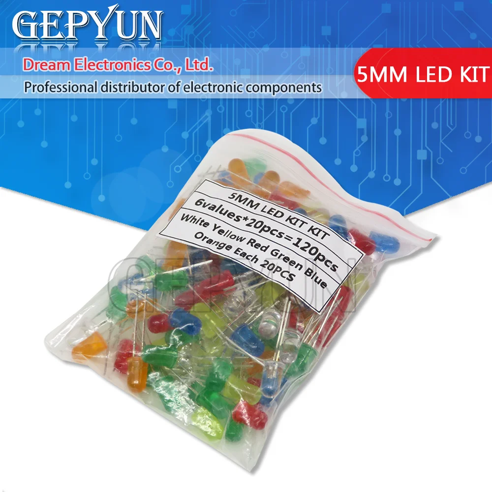 120 pces 6 cores x 20 pces 5mm led luz sortidas kit diy leds conjunto branco amarelo vermelho verde azul laranja