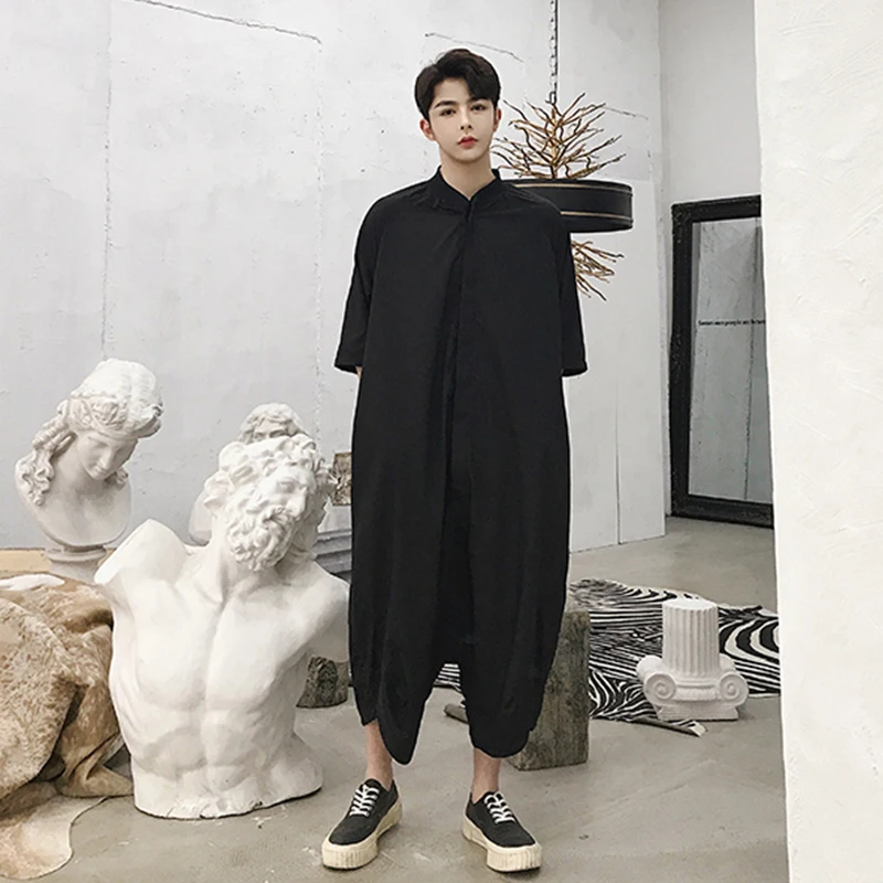 Summer men's trousers five point silhouette casual pants loose long sleeve one piece men's standing collar straight tube fashion