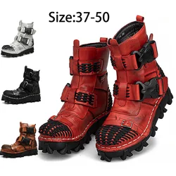 Botas de motocicleta de couro genuíno para homens, botas militares de combate, caveira gótica punk, tática, plataforma básica, nova