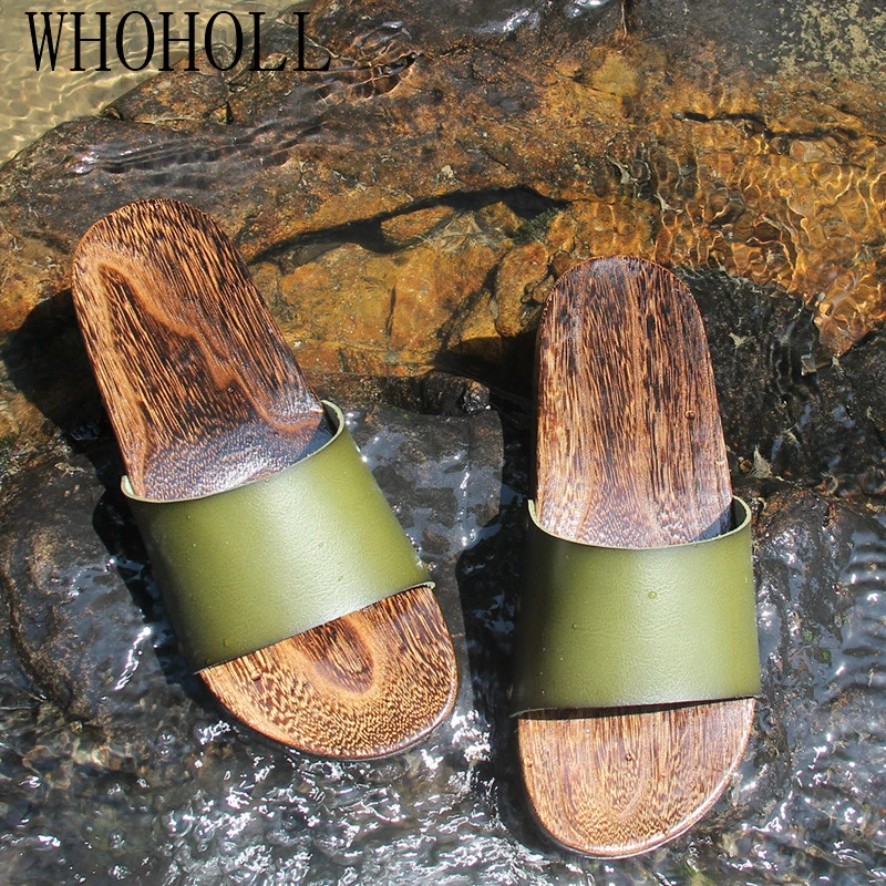 WHOHOLL Geta Man‘s Summer Slippers Non-slip Beach Slippers Men\'s Wooden Cool Deodorization Wooden Clogs Outdoor