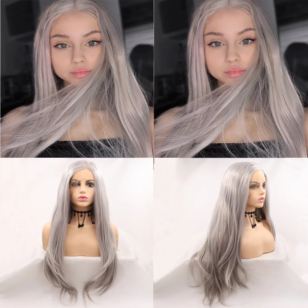 

Cosplay Natural Long Straight Synthetic Lace Front Wig Silver Gray Lolita Frontal Glueless Platinum Blonde Wigs For Black Women