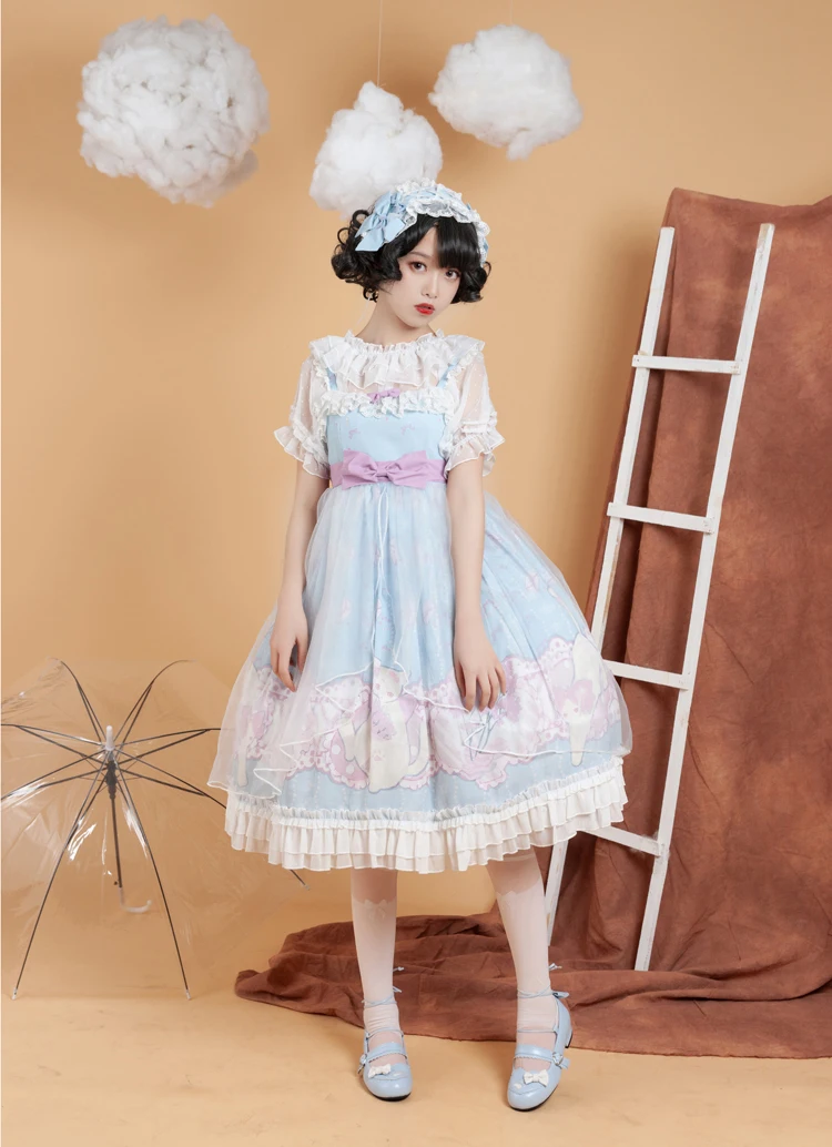 Lolita strap dress vintage  bowknot cute printing high waist princess victorian dress kawaii girl gothic lolita cosplay loli