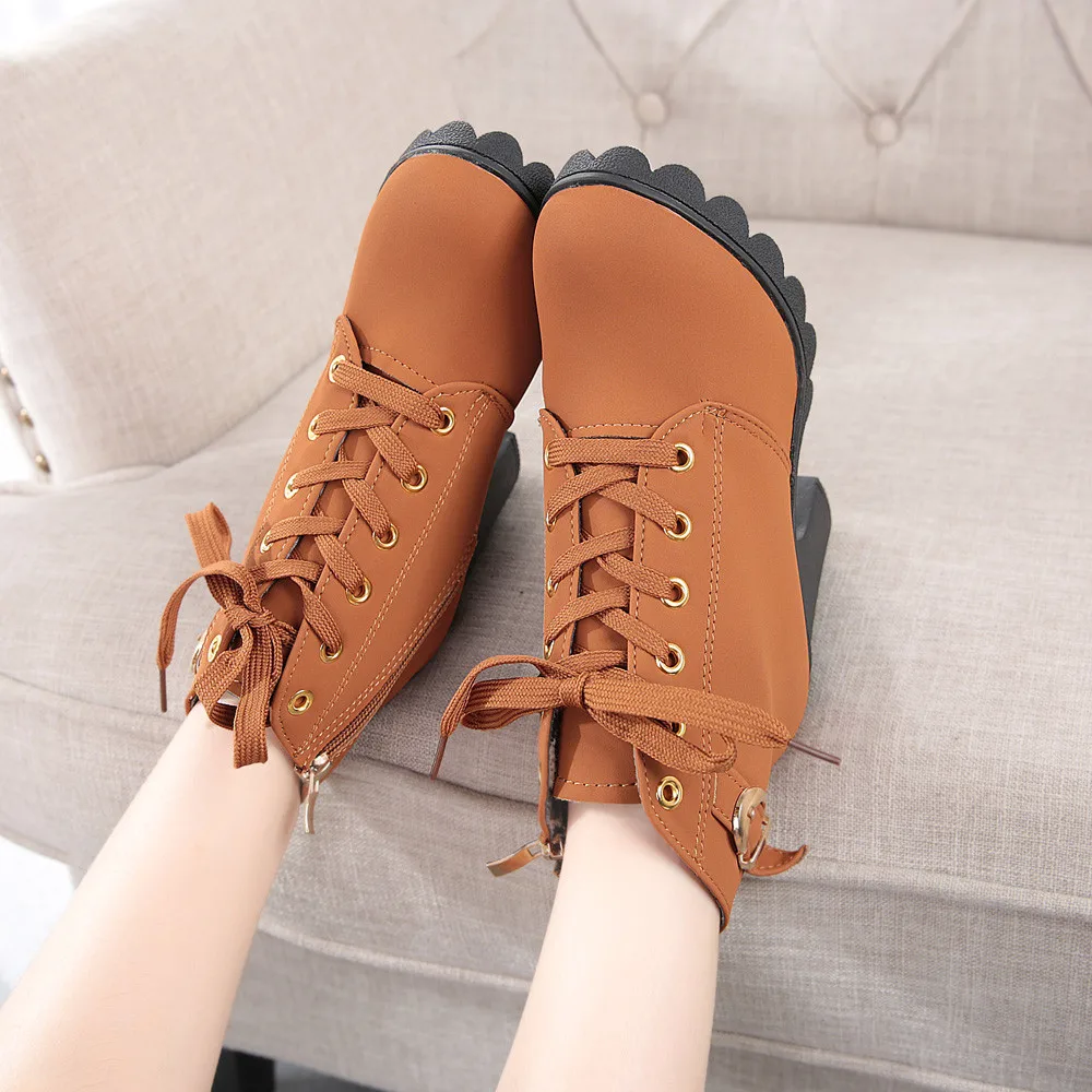 comemore 2021 Women Fashion High Heel Lace Up Ankle Boots Ladies Buckle Platform Leather Shoes Casual Leather Autumn Winter Zip