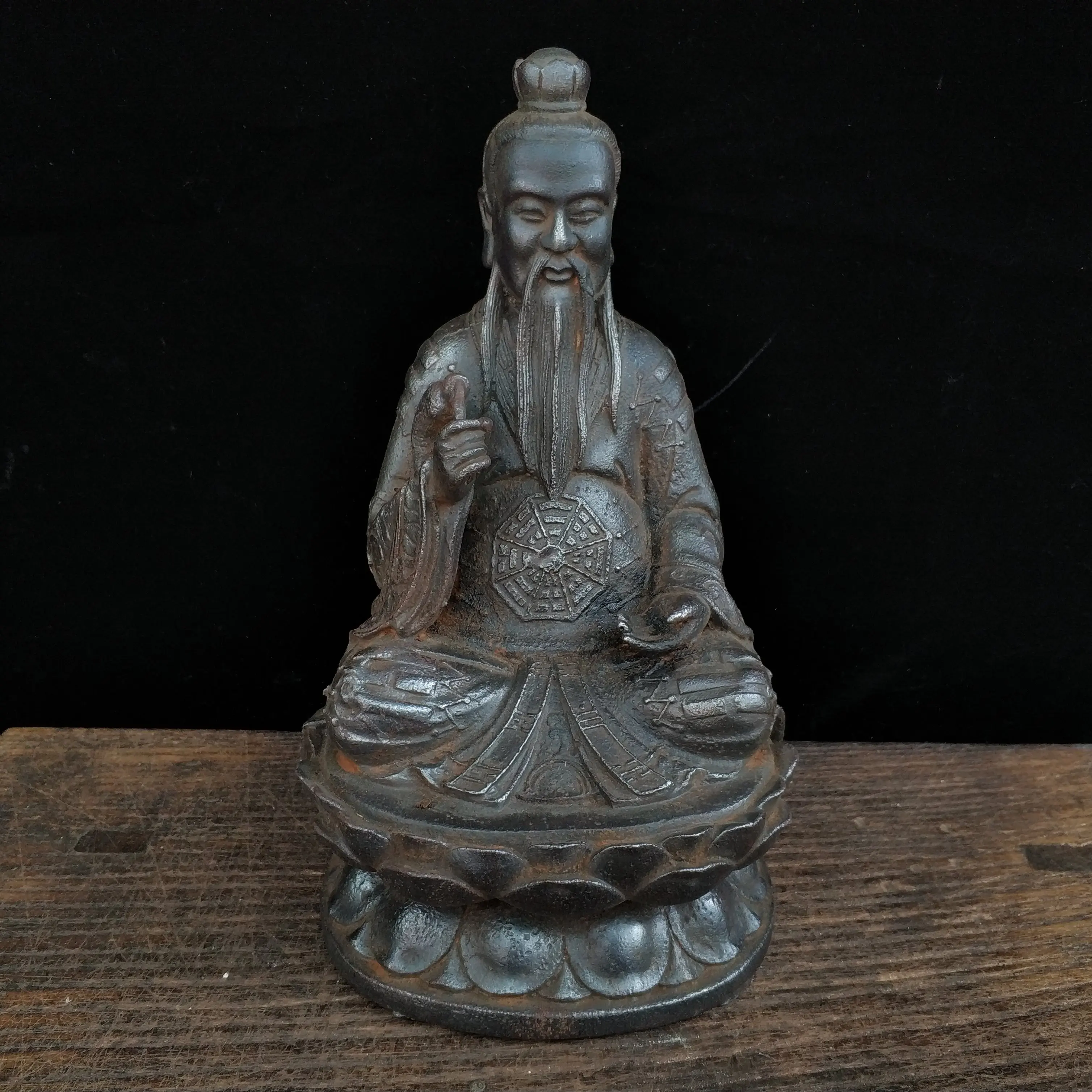 Old Chinese Ironware, Heaven and Man Harmony Taishang Laojun Seated Statue