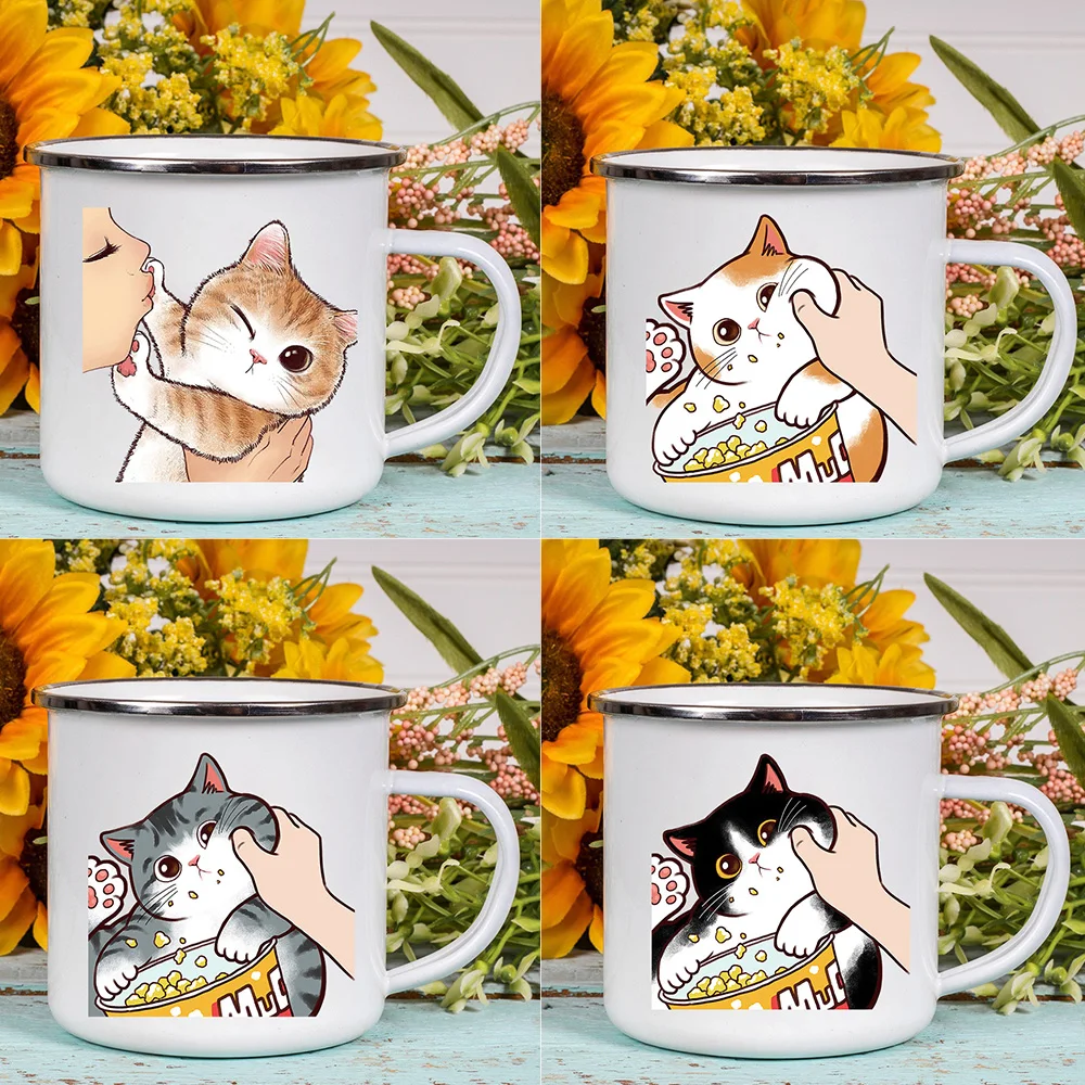 Cartoon Cat Print Enamel Coffee Tea Mugs Cute Animal Breakfast Dessert Milk Water Cups Love Cat Home Drinkware Best Friend Gifts