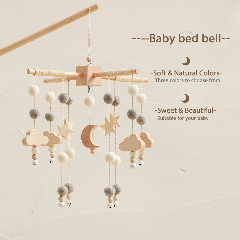 Cloche de lit en bois pour bébé, 1 pièce, support mobile, hochets en forme d'étoile et de lune, boule en peluche, jouets musicaux pour nourrissons, cloche rotative, cadeau de naissance pour bébé