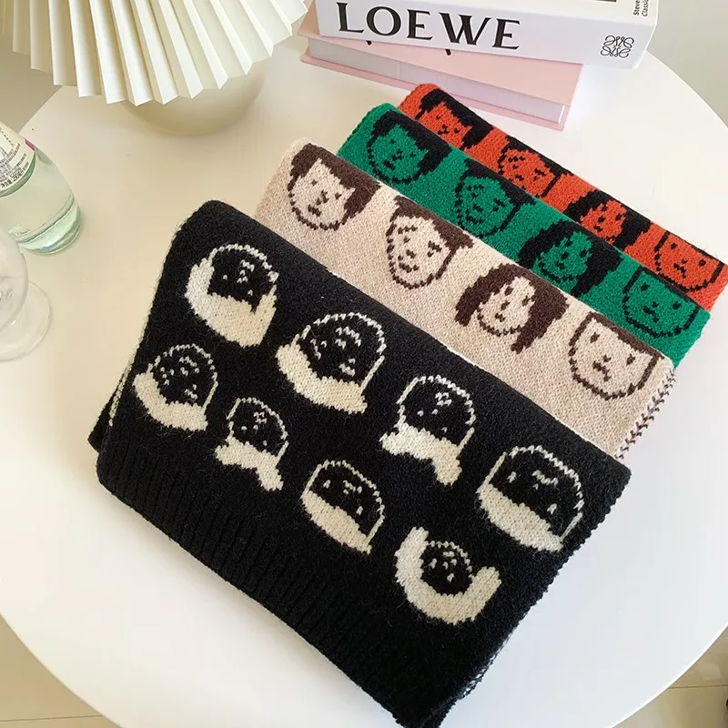 Wool Knitted Scarf Double-sided Cartoon Scarf Man and Women Women's Winter Scarf Unisex Cute Figure Foulard Shawl for Female