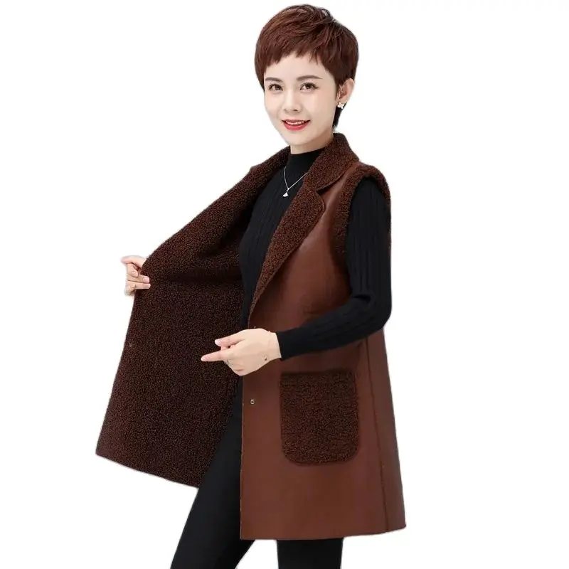 Female Two-sided Wear Mid-length PU Leather Waistcoat Fur One-piece Waistcoat Autumn Winter Women New Lambs wool Vest JacketA858