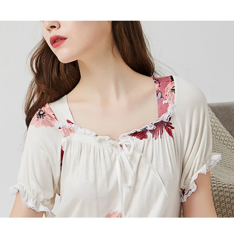 Summer Womens Nightgown Floral Cotton Short Sleeve Vintage Nightdress Lace Long Sleepwear Sexy Home Night Dress Nightwear Women