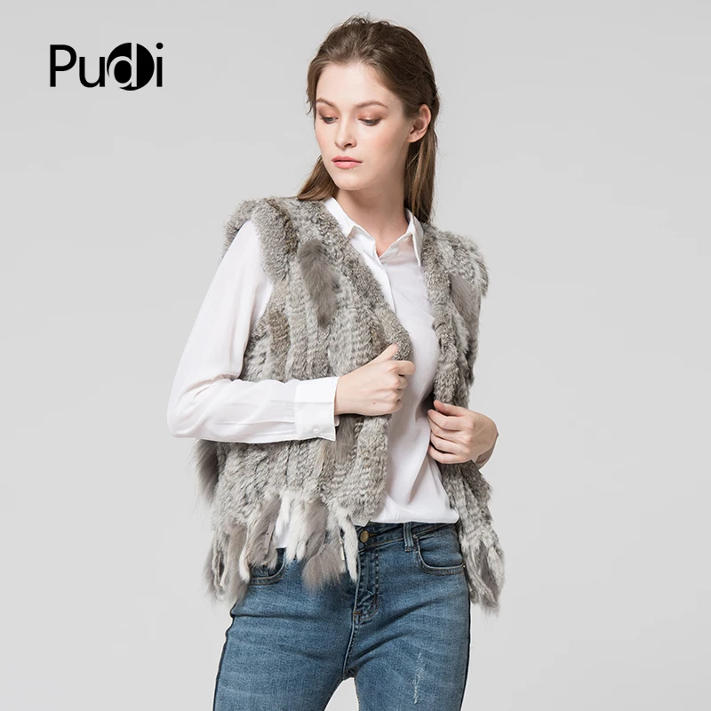 PUDI donna maglia fatta a mano in vera pelliccia di coniglio Gilet Gilet senza maniche indumento Gilet giacca in pelliccia naturale femminile VR031