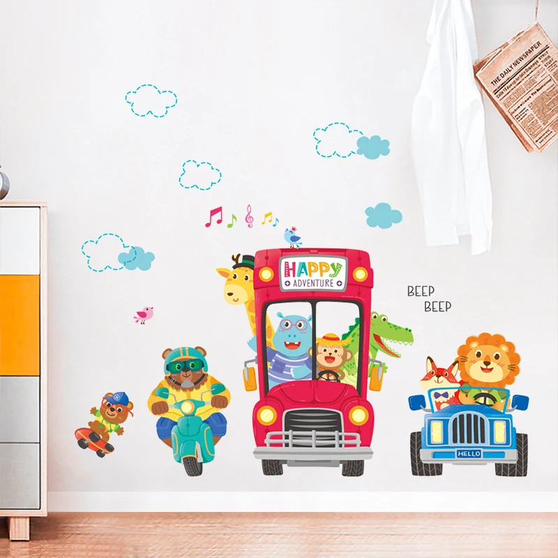 Cartoon Cute Bus Animals Wall Stickers For Kids Rooms Boy Child Bedroom Wall Decoration Self Adhesive Vinyl Sticker Wallpapers