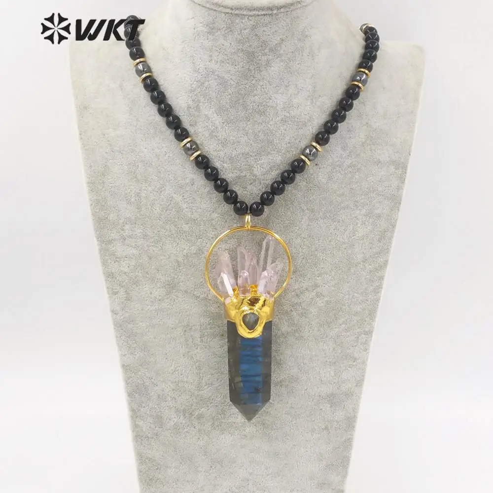 

WT-N1244 Женское модное ожерелье с подвеской в виде большого шестиугольного куба Spirit Point, натуральный лабрадорит, черный камень, эффектный поиск