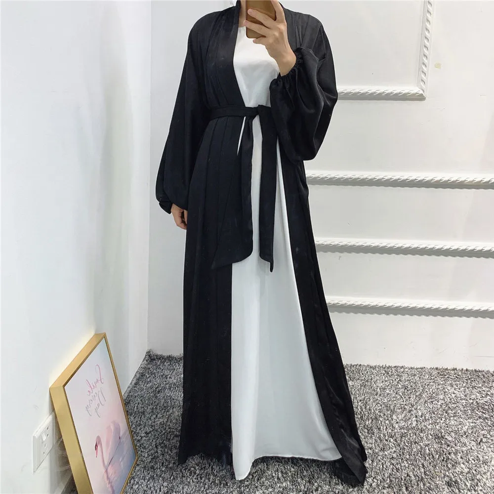 

2021 Fashion Elegant Muslim Women Open Kimono Dubai Kaftan Arab Abaya Turkey Puff Sleeve Party Evening Long Dress Middle East