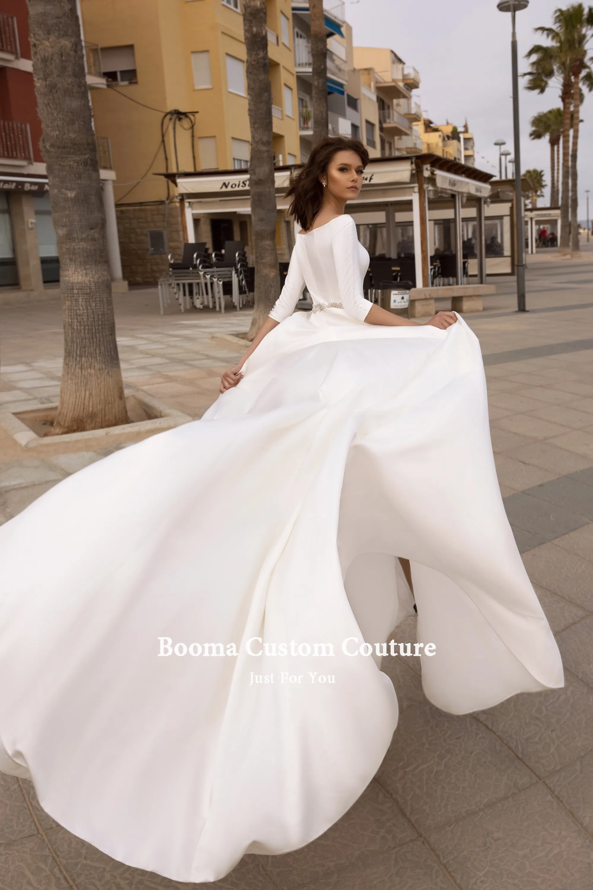 Elegante vestido de novia de satén de marfil, Media manga, con cinturón de cristal, corte en A, talla grande