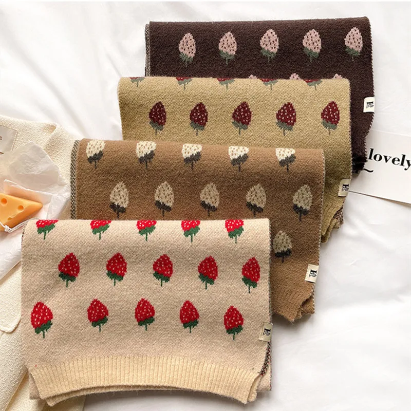 New Woman Autumn And Winter new Korean knitting Strawberry scarf cute student decoration warm long Color grid bib