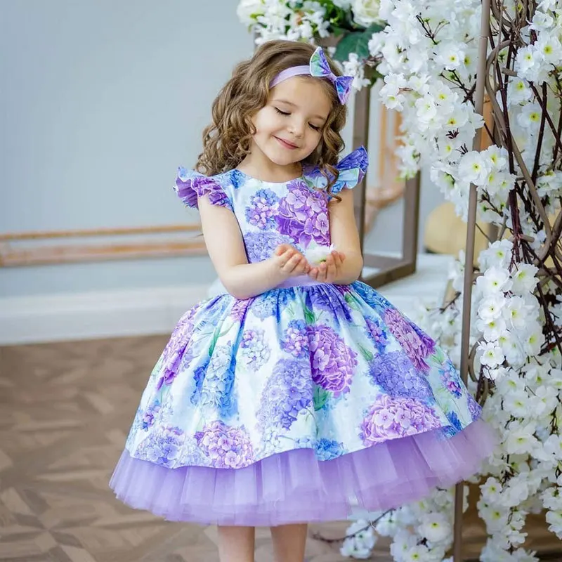 New Girls Dress With Headdress Bow Print Small Fly Sleeve Holiday Wedding Christmas Girls Princess Dress