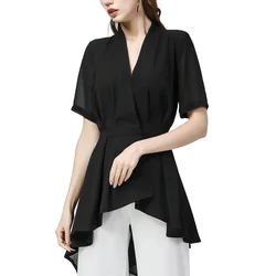 Elegant Women' Mid-Length Black Tuxedo Shirts Fitted Waist Long Tail Chiffon Top Slimming Fashion Irregular V-Neck Summer Blouse