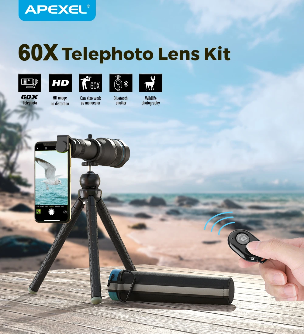 

APEXEL HD 60x Telescope Telephoto Zoom Lens Monocular Selfie Tripod for iPhone Huawei Travel Hunting Hiking Camping Equipment