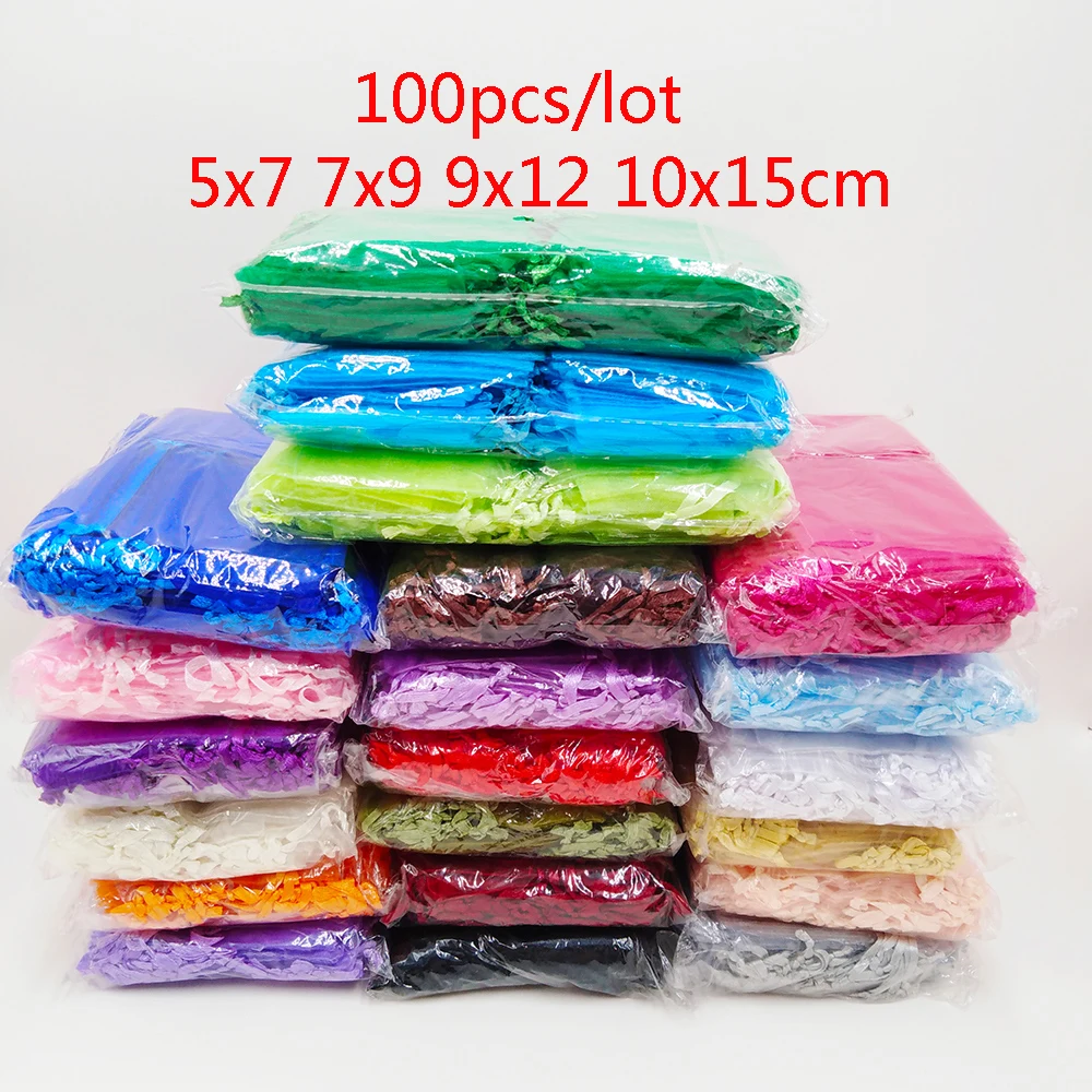 100 шт., сумка из органзы 5x7 7x9 9x12 10x15 см, упаковка для ювелирных изделий, сумки из органзы, подарочная сумка для свадебной вечеринки, сумки для подарков на день рождения, Рождество