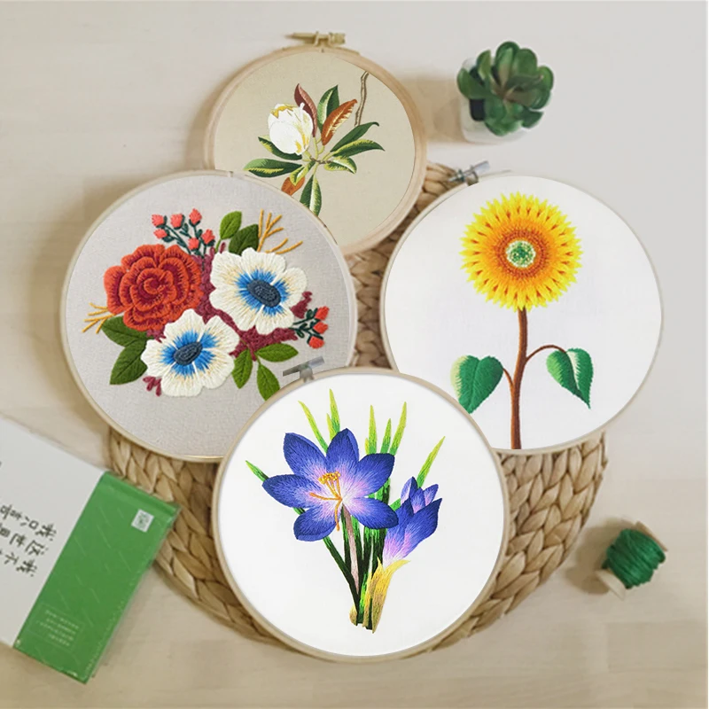 Paquete de materiales de flores de bordado DIY, aro de bordado hecho a mano, Kits de punto de cruz para principiantes, decoración de bordado, suministros de costura