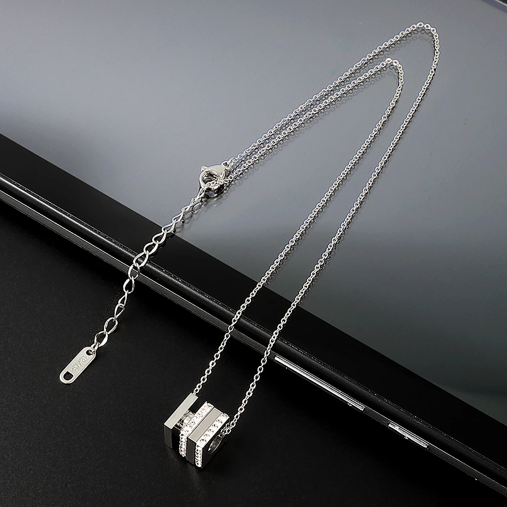 New  Multilayer Cube Couple Pendant Women Girls Crystal Necklaces Stainless Steel Fashion Wedding Party Charm Link  Collar