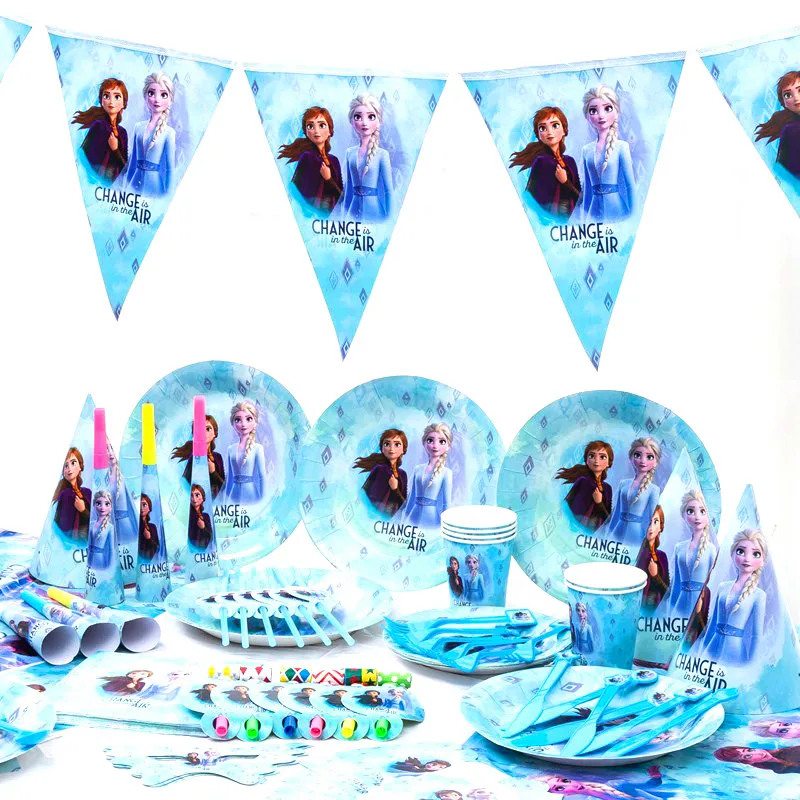 New Disney Elsa Anna Frozen 2 Party Supplies Paper Cup Plates Straws Caps Kids Girls Snow Queen Birthday Party Decorations Sets