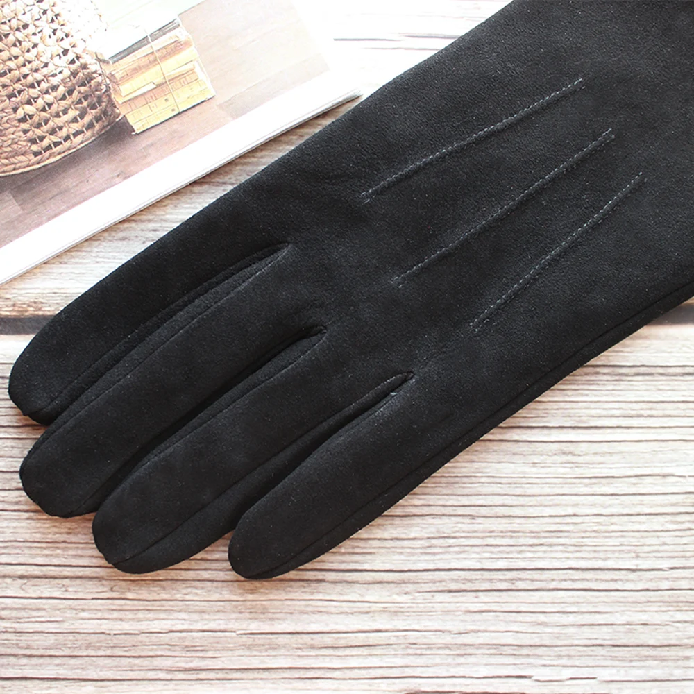 Sheepskin Suede Gloves Female Leather Black Velvet Lining Fashion Hand Repair New Autumn and Winter Warmth Outdoor Travel Points