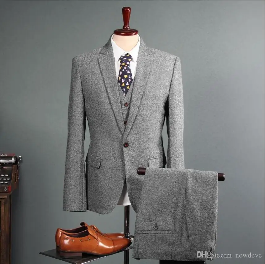 Mannen Bruiloft Smoking Vintage Tweed 3 Pieces Suits 2020 Fleck Knop Wol Grijs Tailored Fit Bruidegom Wear (Jas + Broek + Vest)