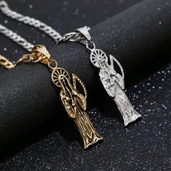 Small 50mm Stainless Steel Death Santa Muerte Skull Biker Pendants Women's Men Necklaces 24'' Chains Top Quality