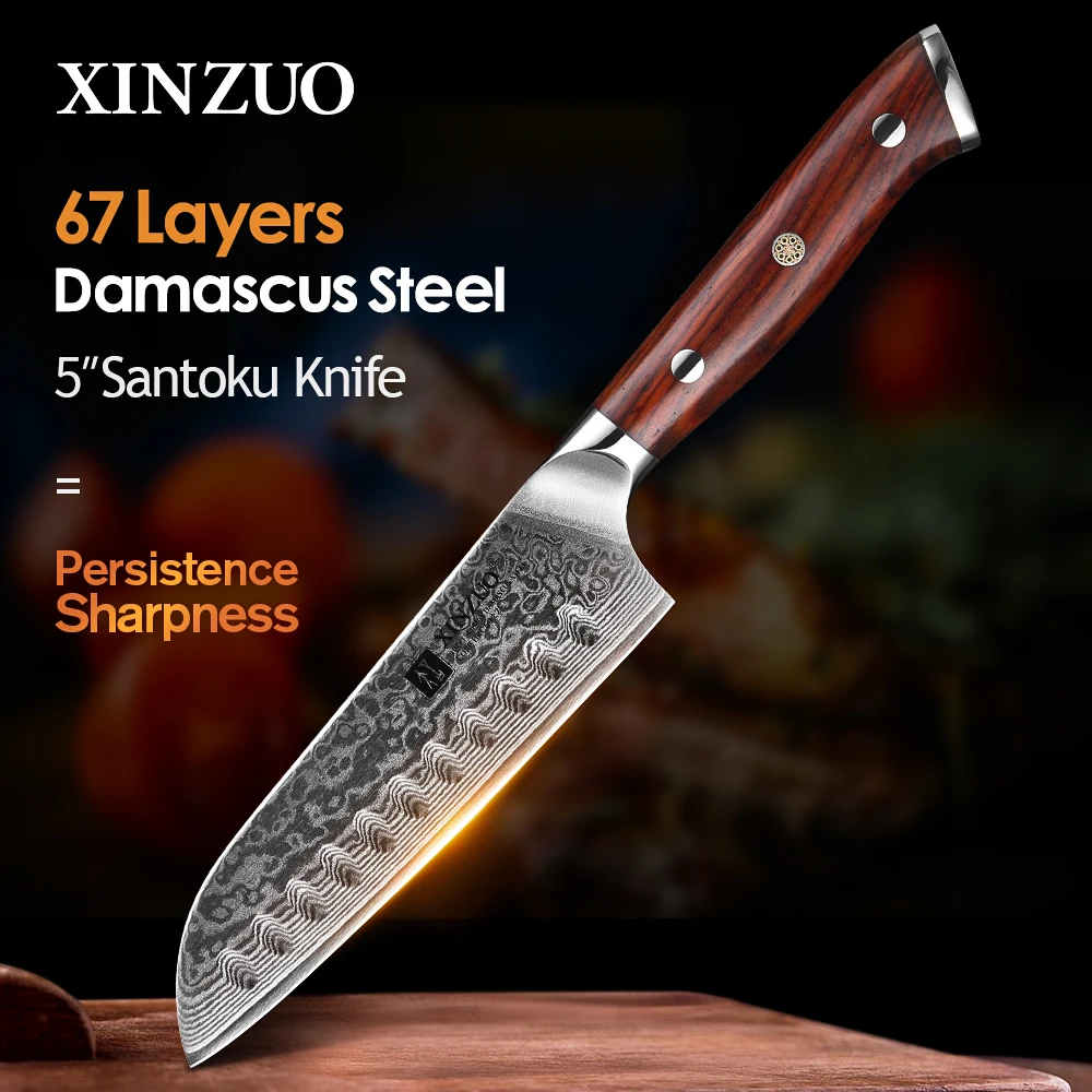 

XINZUO 5-дюймовый нож шеф-повара Santoku — дамасская сталь, ручка из палисандра, сверххострое лезвие для мяса, фруктов и овощей, кухонный инструмент