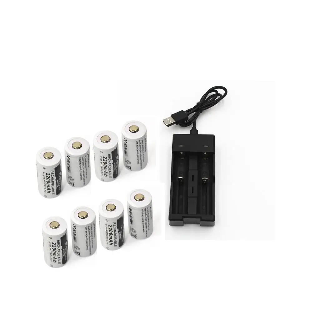 

8pcs 3.7v 2200mAh CR123A rechargeable lithium battery+1pcs 1865014500 usb charger 16340 camera