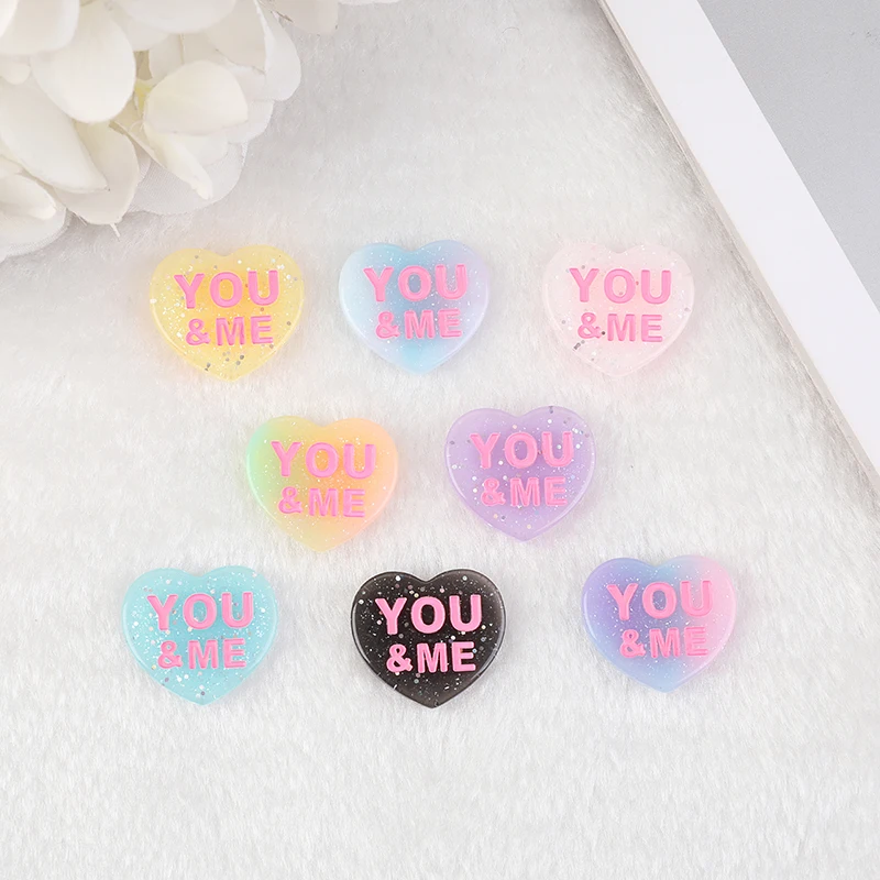 16 Pcs 22*24 MM Glitter Resin Heart Charms ONE KISS HUG ME Flatback Cabochons Pendants for Earrings Necklaces Diy Making