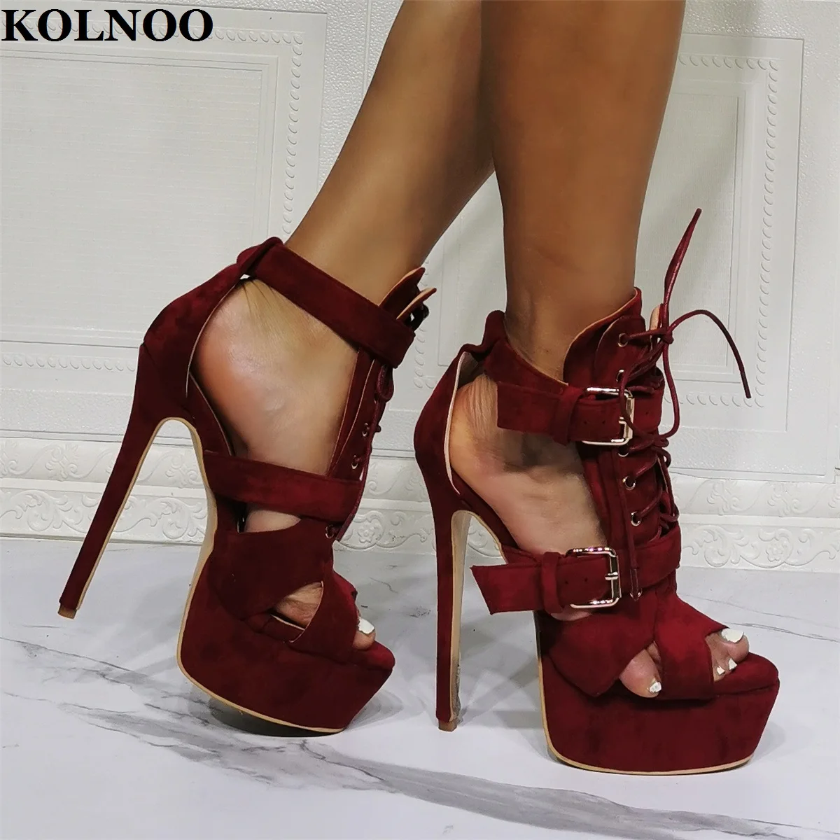 Kolnoo Handmade Ladies High Heels Sandals Buckle Strap Peep-Toe Sexy Platform Lace-Up Real Photos Evening Club Fashion Shoes