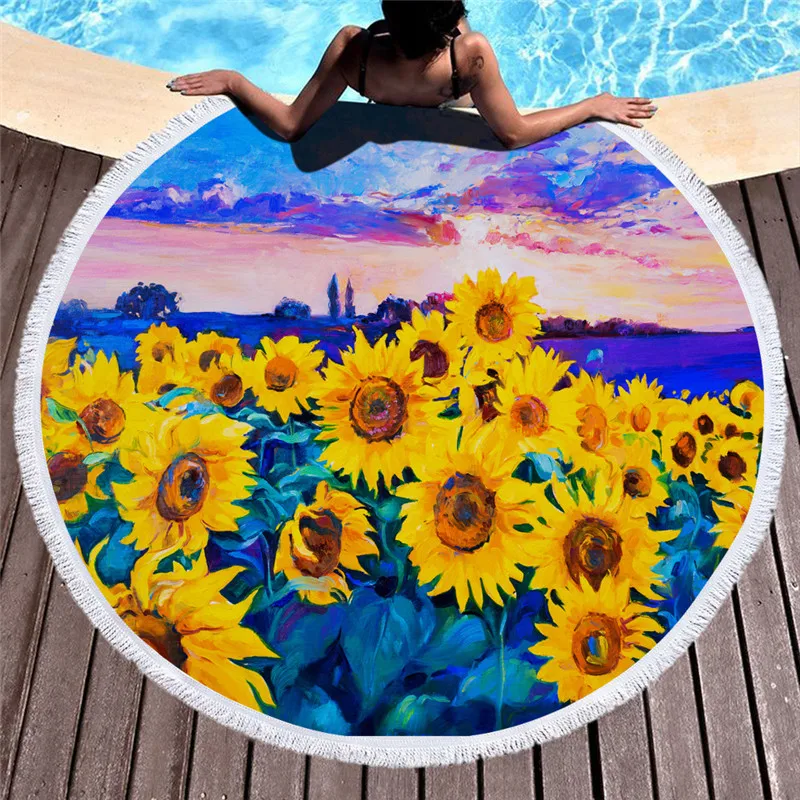 Quick Dry Microfiber Shower Beach Towel Round Bath Towel Sunflower Printing Adult Kid Travel Swimming Sauna Blanket With Tassels